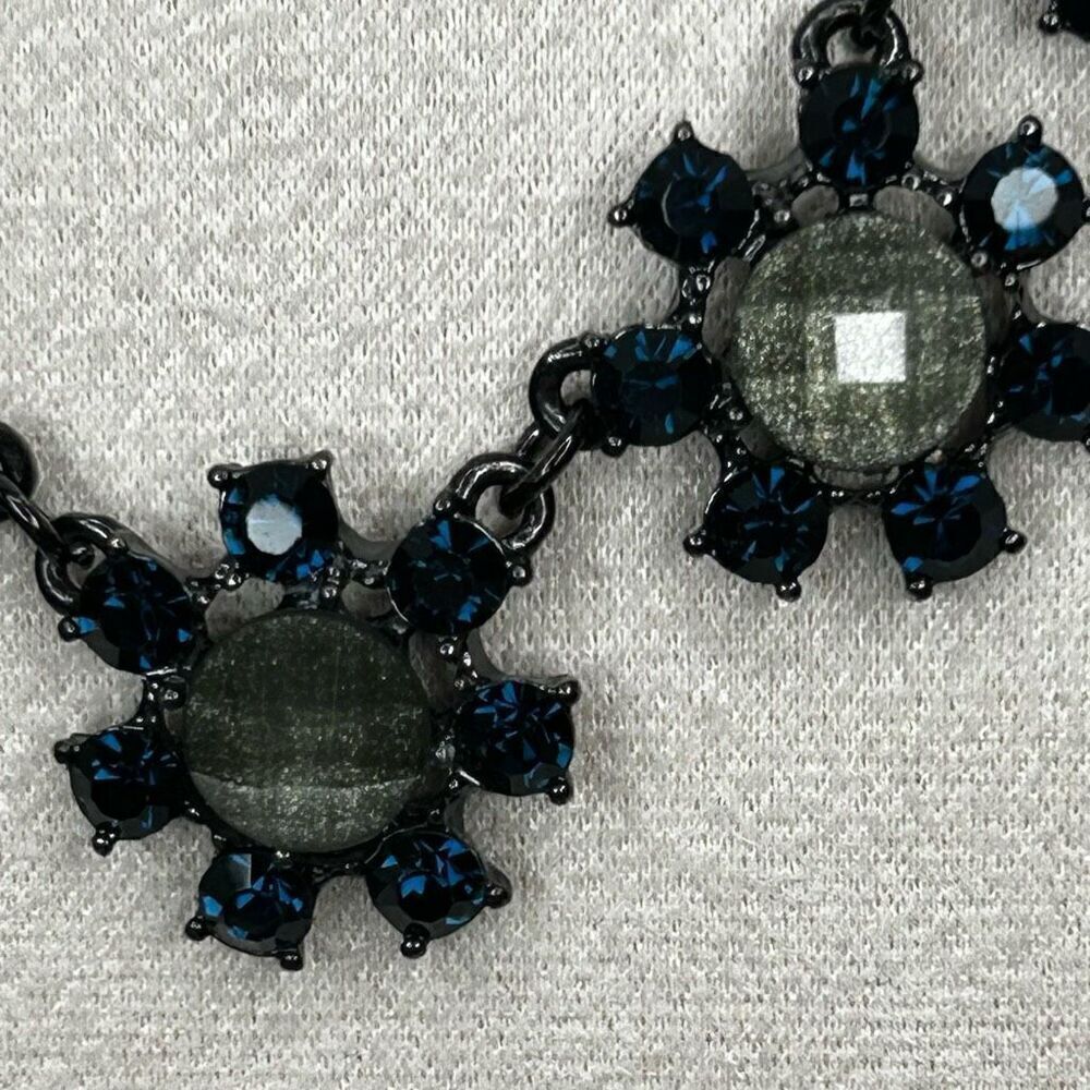Floral Bib Costume Necklace 16" Blue Rhinestones Black Gun Metal Colored Chain - Picture 10 of 12